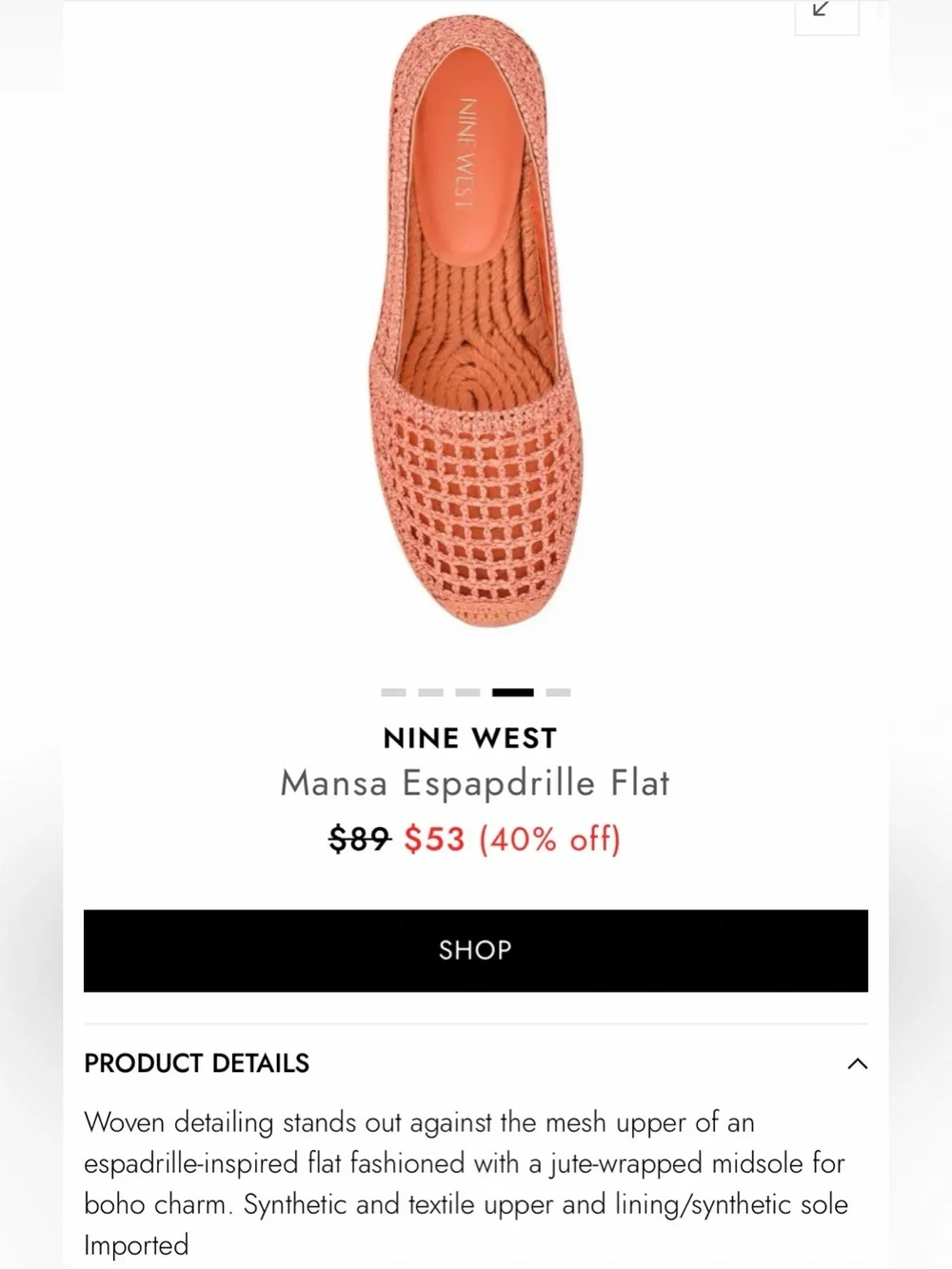 NINE WEST ‘Mansa’ Espadrille Flats Sz 6 Light Orange 🍊 EUC!